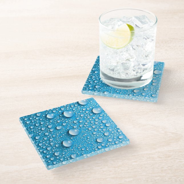 Wasser tropft auf blau | Untersetzer aus Glas (Schrägansicht)