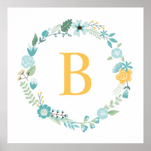 Wasser- und gelbes monogrammiertes Blumenkränz Poster