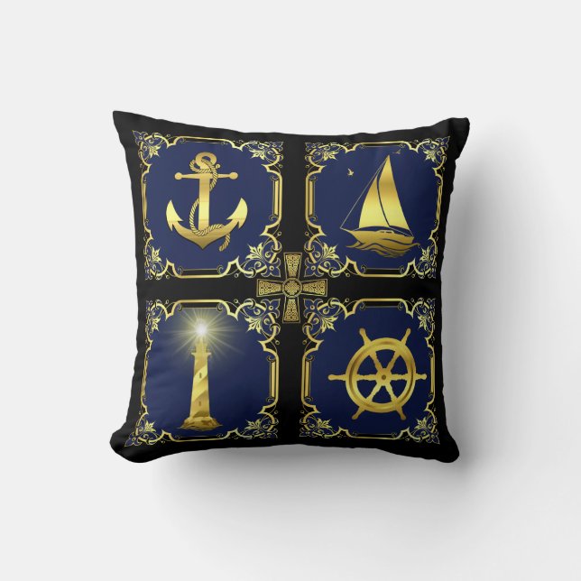 Wasseranker/Segelboot/Rad/Leuchtturm, Gold/Blu Kissen (Vorderseite)