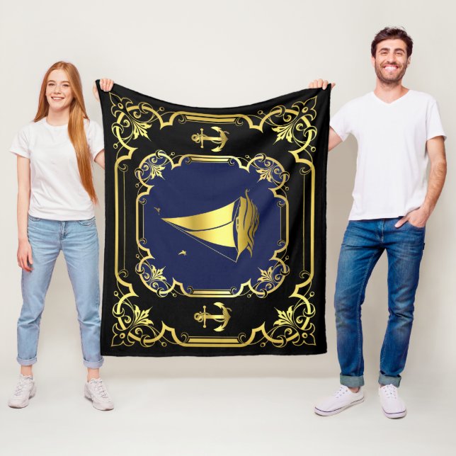 Wasseranker/Segelboot schwarz/gold/blau Fleecedecke (Beispiel)