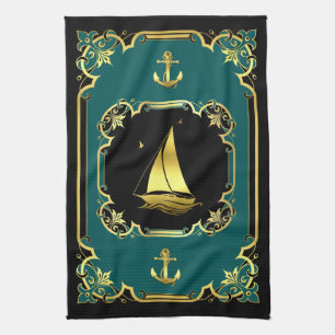 Wasseranker/Segelboot, vergoldet, schwarz/gold/aqu Geschirrtuch