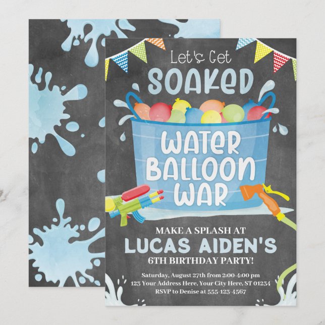 Wasserballon Einladung zum Geburtstag, Ballonkrieg (Vorne/Hinten)