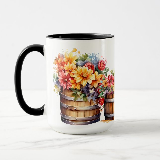 WASSERBARRELS ORANGE GELBE BLUMEN TASSE (Links)