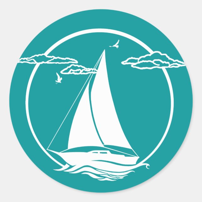 Wasserblaue Silhouette/Segelboot Runder Aufkleber (Vorderseite)