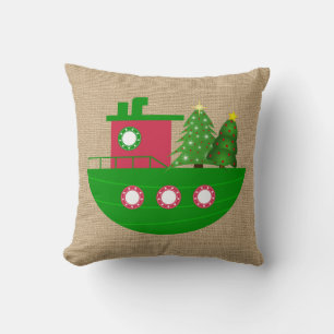 Wasserboot mit Weihnachtsbaumen Burlap Kissen