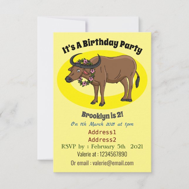 Wasserbüffel mit Blume Cartoon-Abbildung Einladung (Vorderseite)