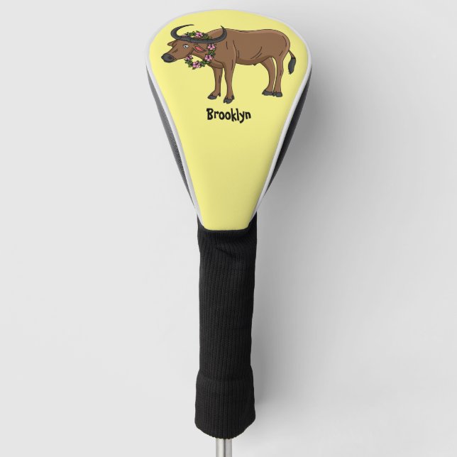 Wasserbüffel mit Blume Cartoon-Abbildung Golf Headcover (Vorderseite)