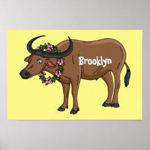 Wasserbüffel mit Blume Cartoon-Abbildung Poster