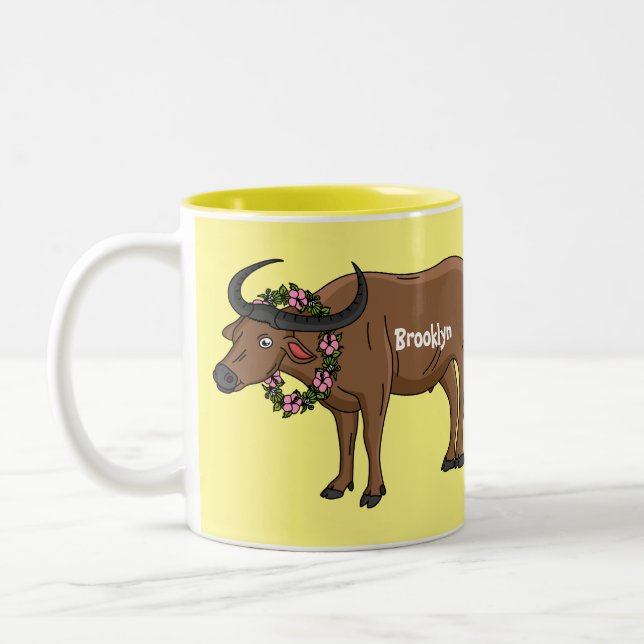 Wasserbüffel mit Blume Cartoon-Abbildung Zweifarbige Tasse (Links)