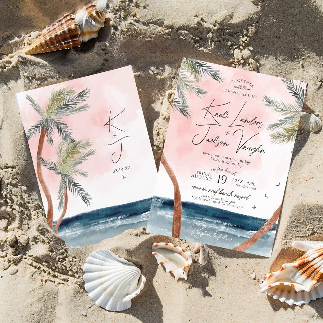 Wassercolor Beach Palmen Coastal Chic Hochzeit Einladung (Modern tropical beach watercolor palm trees, navy ocean, pink sunset, destination wedding invitation)