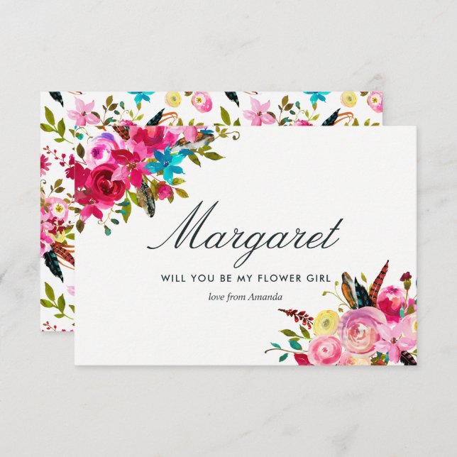 Wassercolor Boho Chic wird mein Blumenmädchen sein Einladung (Vorne/Hinten)