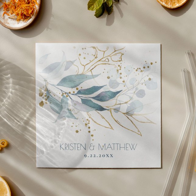 Wassercolor Dusty Blue Floral Elegante Hochzeit Serviette (Dusty blue elegant greenery with gold accents for a boho feel that will step up cocktail hour.)