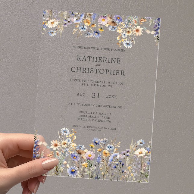 Wassercolor Dusty Blue Wildblume Hochzeitsfeier Acryleinladungen (BOHO Dusty Blue Watercolor Wildflowers Elegant Clear Acrylic Wedding Invitation with Black Text.
)