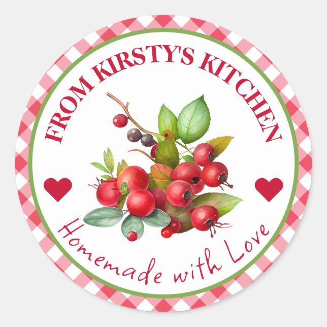 Wassercolor, hausgemachte Gingham Cranberries Runder Aufkleber (Vorderseite)