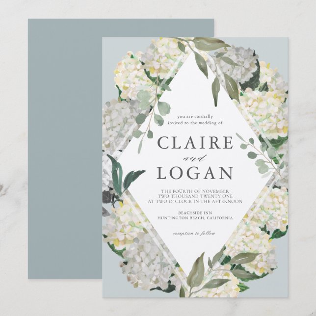 Wassercolor Hydrangea Dusty Blue Rhonbus Wedding Einladung (Vorne/Hinten)