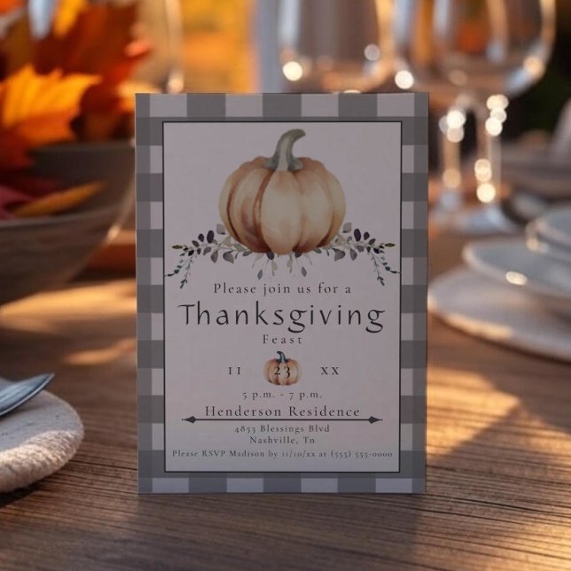 Wassercolor Pumpkin Erntedank Dinner | Grau Einladung (Gray Watercolor Pumpkin Thanksgiving Dinner Invitation)