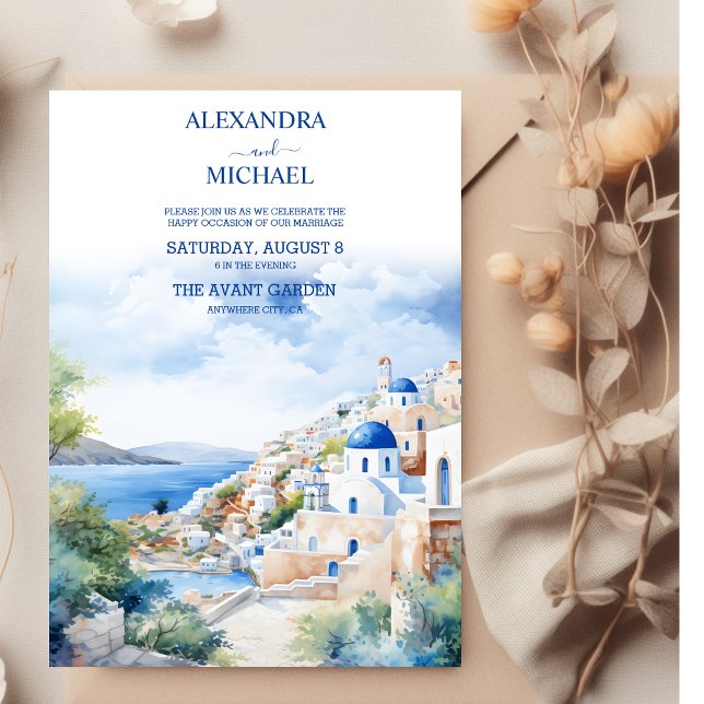 Wassercolor Santorini Griechenland Skyline Wedding Einladung (Von Creator hochgeladen)