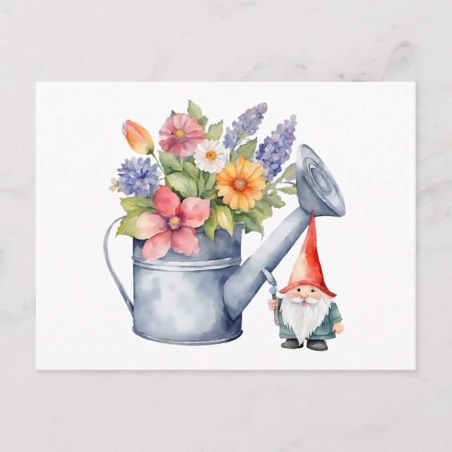 Wasserdose mit Blume und Garten Gnome Postkarte (Vorderseite)