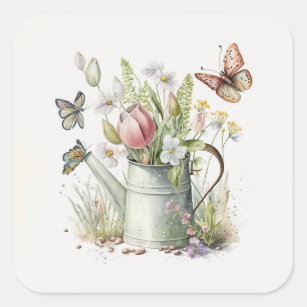 Wasserdose mit Tulips und Schmetterlingen Quadratischer Aufkleber