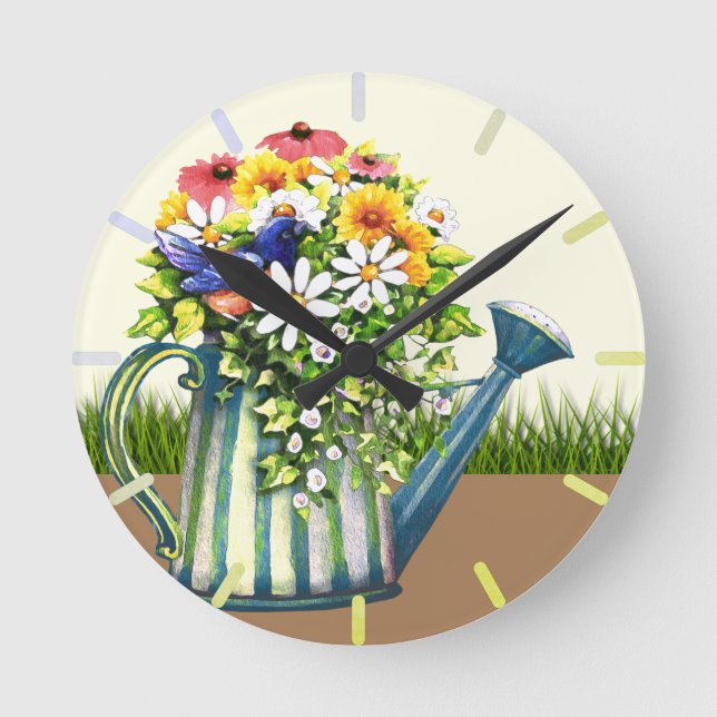 Wasserdose mit Wildblumen Runde Wanduhr (Vorderseite)