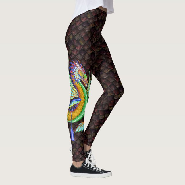 Wasserdrache mit Rot-Orange-Drachen-Skala Leggings (Rechts)