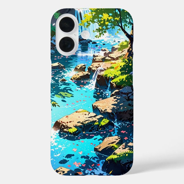Wasserfall im Frühjahrswald iPhone 16 Hülle (Rückseite)