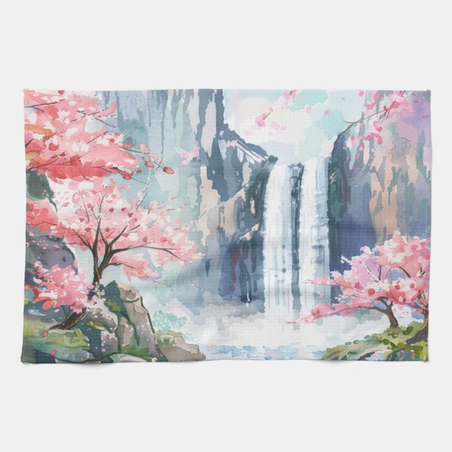 Wasserfall im Frühling Geschirrtuch (Horizontal)