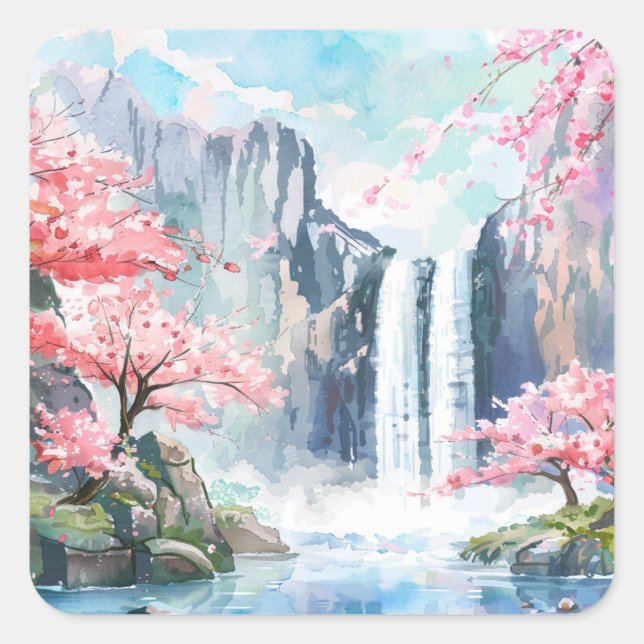 Wasserfall im Frühling Quadratischer Aufkleber (Vorderseite)