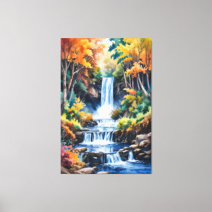 Wasserfall im Herbst - Wasserfarbenwelt Landschaft Leinwanddruck