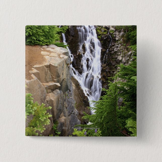 Wasserfall in Nationalpark des Mount Rainier Button (Vorderseite)