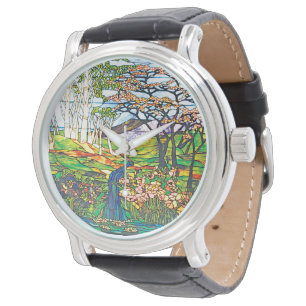 Wasserfall-Iris-Birken-Tiffany-Buntglas-Fenster Armbanduhr