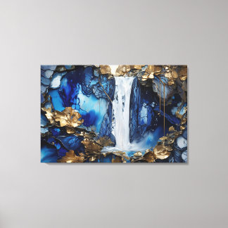 Wasserfall Landschaft Blau & Weiß Premium Malerei Leinwanddruck