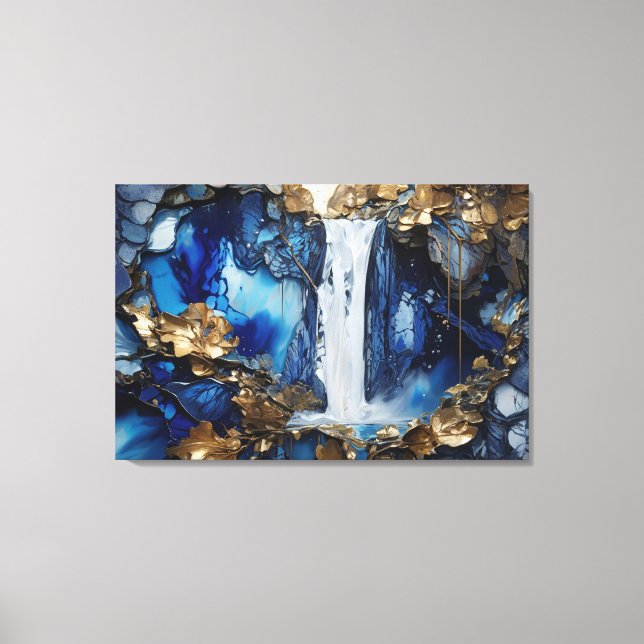 Wasserfall Landschaft Blau & Weiß Premium Malerei  Leinwanddruck (Vorderseite)