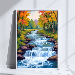 Wasserfall-Natur-Landschaftsmalerei Poster