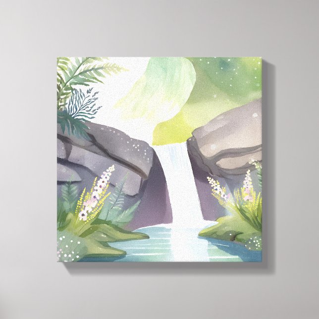 Wasserfall | Natur Wasserfarbenlandschaft Leinwanddruck (Vorderseite)