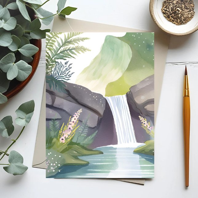 Wasserfall | Natur Wasserfarbenlandschaft Postkarte (Von Creator hochgeladen)