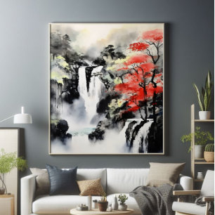 Wasserfall und Ahornbaumfarbe Fotodruck