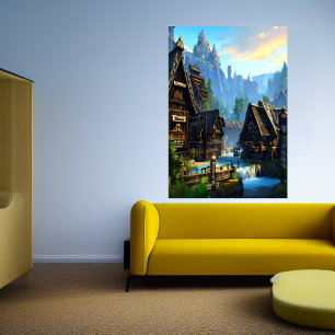 Wasserfall und Berge in der Stadt   Art der AI Poster