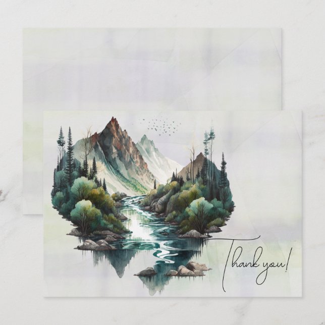 Wasserfall und Gebirge Aquarellbilder Dankeskarte (Vorne/Hinten)