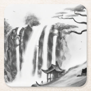 Wasserfall und Hütte im chinesischen Tintenstil Rechteckiger Pappuntersetzer