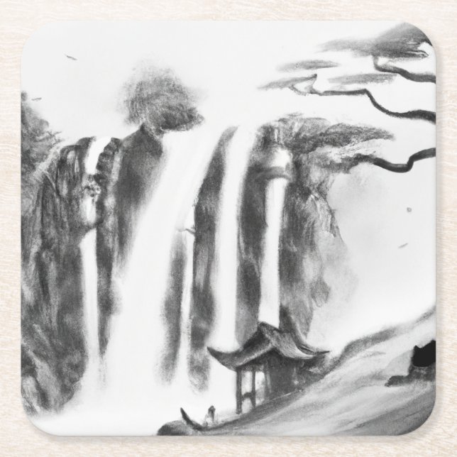 Wasserfall und Hütte im chinesischen Tintenstil Rechteckiger Pappuntersetzer (Vorderseite)