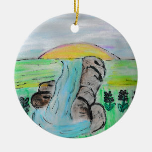 Wasserfall und Lavendel-Blume Keramik Ornament
