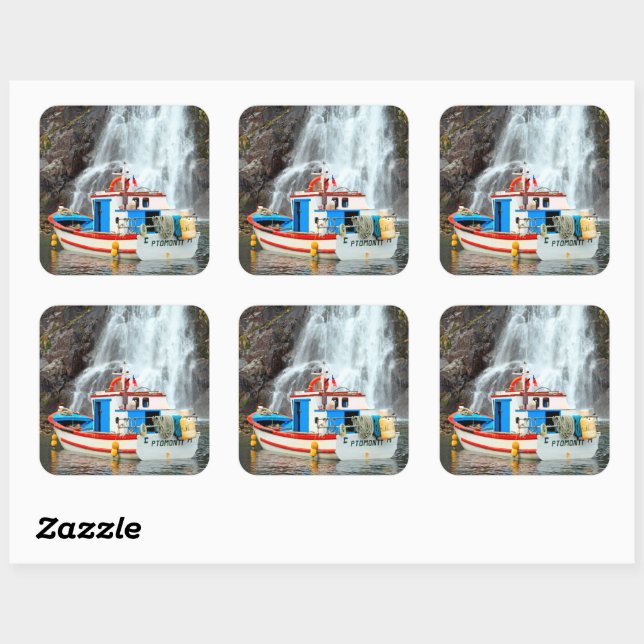 Wasserfall und Schiff Quadratischer Aufkleber (Blatt)