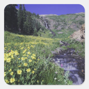 Wasserfall und Wildblumen auf Almwiese, 2 Quadratischer Aufkleber