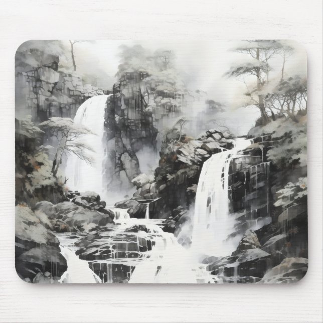 Wasserfälle monochromatische Landschaft Mousepad (Vorne)