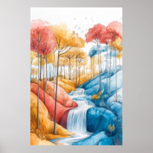 Wasserfälle Naturpastel Farbe Friedlich Zeichnend Poster
