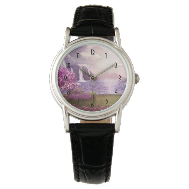 Wasserfälle und Kirchen Bäume um den See Armbanduhr (Vorderseite)