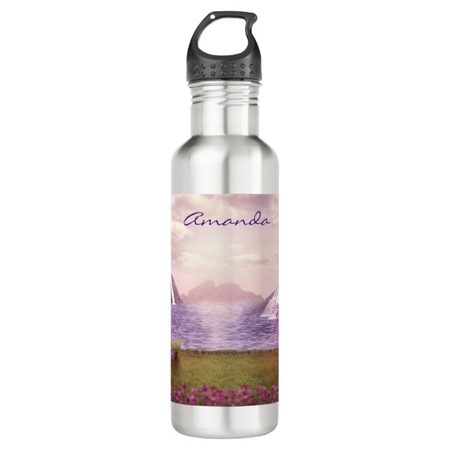 Wasserfälle und Kirchen Bäume um den See Edelstahlflasche (Vorderseite)