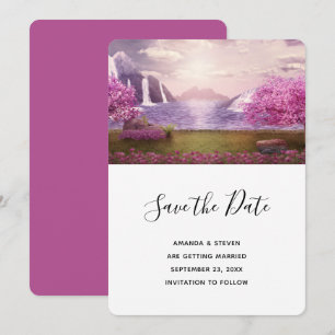 Wasserfälle und Kirschbäume um einen See zur Hochz Save The Date