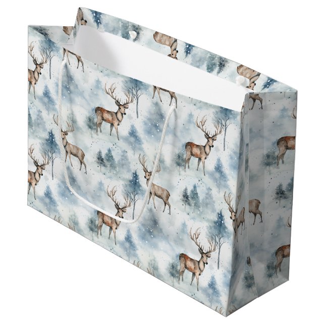 Wasserfarb-Winterwaldhirsche (5) Große Geschenktüte (Vorderseite Schrägansicht)